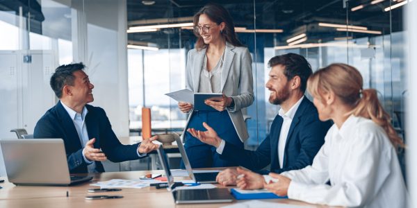 A group of business people partners during a set team meeting in the modern office.High quality
